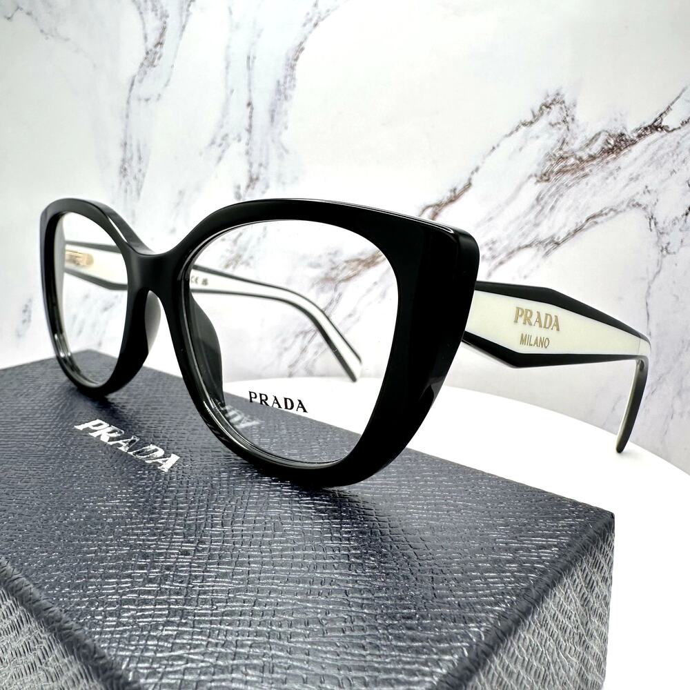 New PRADA Eyeglasses Cat Eye Black White Gold 53-17-140 Womens - Picture 3 of 16